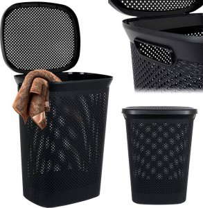 Kosz na pranie Bathroom Solutions Kosz na pranie pojemnik łazienkowy na odzież bieliznę z pokrywą czarny 60 l 9