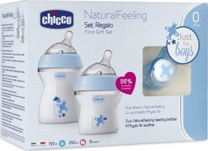 Chicco CHICCO_SET NaturalFeeling Zestaw do karmienia butelka 150ml 0m+ + butelka 250ml 2m+ + smoczek PhysioForma Comfort 0m+ Niebieski 1