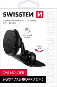 Swissten Uchwyt magnetyczny do telefonu lub GPS Swissten do samochodu, S-Grip Dashboard DM6, czarny, metal, z klejem, czarna, telefon 1