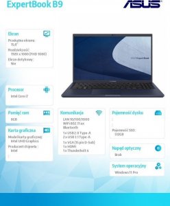 Laptop Asus Notebook Asus 15,6 cala B1500CBA-BQ0100X i7-1255U/8GB/512GB/UHD/ W11 PRO ; 36 miesięcy ON-SITE NBD - wyceny specjalne u PM 13