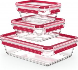 Emsa Emsa CLIP & CLOSE glass food storage jar, 3-piece set (transparent/red, rectangular, 3 jars + 3 lids) 1