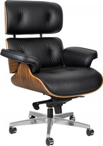 Krzesło biurowe King Home Fotel biurowy LOUNGE GUBERNATOR czarny - sklejka orzech, skóra naturalna, stal polerowana 1