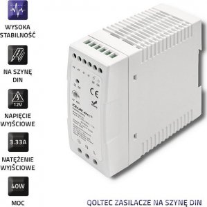 Qoltec Zasilacz na szynę DIN | 40W | 12V | 3.33A | Biały | Slim 4