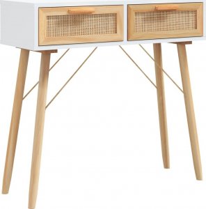 vidaXL Stolik konsolowy, biały, 80x30x75 cm, lita sosna i rattan 2