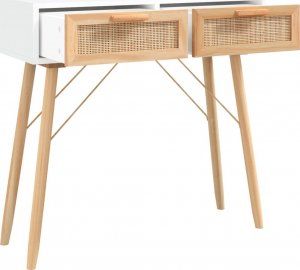 vidaXL Stolik konsolowy, biały, 80x30x75 cm, lita sosna i rattan 3