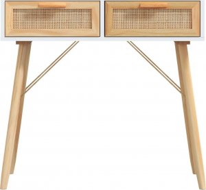 vidaXL Stolik konsolowy, biały, 80x30x75 cm, lita sosna i rattan 4