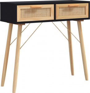 vidaXL Stolik konsolowy, czarny, 80x30x75 cm, lita sosna i rattan 2