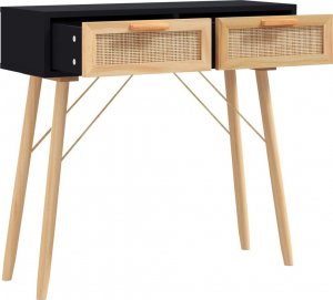 vidaXL Stolik konsolowy, czarny, 80x30x75 cm, lita sosna i rattan 3