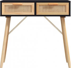 vidaXL Stolik konsolowy, czarny, 80x30x75 cm, lita sosna i rattan 4