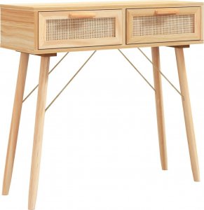vidaXL Stolik konsolowy, brązowy, 80x30x75 cm, lita sosna i rattan 2