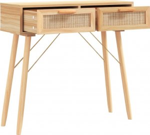 vidaXL Stolik konsolowy, brązowy, 80x30x75 cm, lita sosna i rattan 3