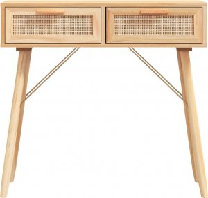 vidaXL Stolik konsolowy, brązowy, 80x30x75 cm, lita sosna i rattan 4