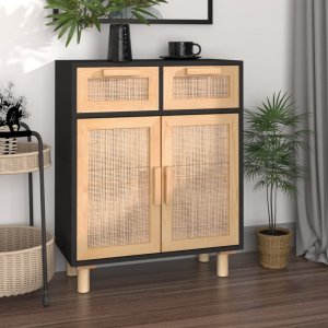 vidaXL vidaXL Komoda, czarna, 60x30x75 cm, lita sosna i naturalny rattan 1