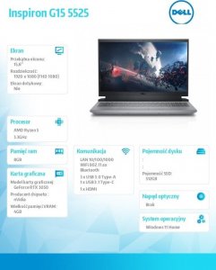 Laptop Dell Notebook Inspiron G15 5525 Win11Home R5 6600H/15,6 FHD/512GB/8GB/RTX 3050/2Y BWOS 7