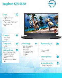 Laptop Dell Notebook Inspiron G15 5520 Win11Home i5-12500H/15,6 FHD/512GB/16GB/RTX 3050/2Y BWOS 5