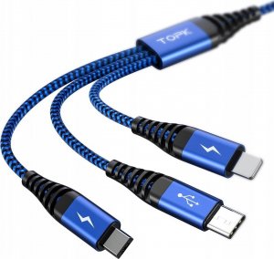 Kabel USB Topk USB-A - USB-C + microUSB + Lightning 1.2 m Niebieski (AN24) 1