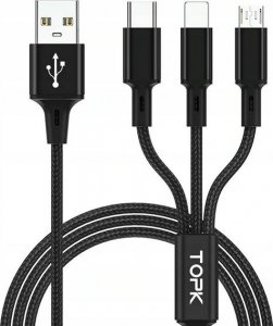 Kabel USB Topk USB-A - USB-C + microUSB + Lightning 1.2 m Czarny (AN24) 1