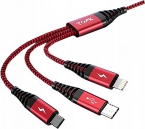 Kabel USB Topk USB-A - USB-C + microUSB + Lightning 1 m Czerwony (AN24) 1