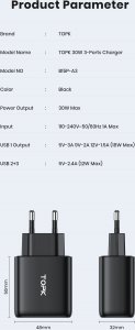 Ładowarka Topk Ładowarka sieciowa 3xUSB 30W Szybkie ładowanie QC3 9