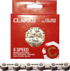 Clarks Łańcuch rowerowy YBN CSL-H8CR SHIMANO CAMPAGNOLO SRAM (8 Biegów, 1/2"x3/32", 116 ogniw, 7.1mm, spinka do łańcucha, Super lekki, Chromowy) Samosmarujący srebrny 1