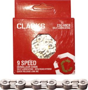 Clarks Łańcuch rowerowy YBN CSL-H9CR SHIMANO CAMPAGNOLO SRAM (9 Biegów, 1/2"x11/128", 116 ogniw, 6.4mm, spinka do łańcucha, Super Lekki, Chromowy) Samosmarujący srebrny 1