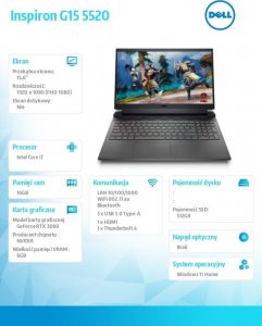 Laptop Dell Notebook Inspiron G15 5520 W11H i7-12700H/15.6 FHD/512GB/16GB/RTX 3060/Backlit/Dark Shadow Grey/2Y NBD 9