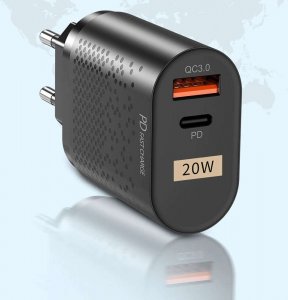 Ładowarka Alogy Ładowarka sieciowa Alogy szybka USB + USB-C Type C QC 3.0 PD 20W Czarna + Kabel USB-C 4