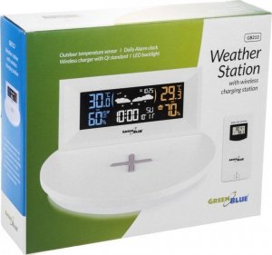Stacja pogodowa GreenBlue Stacja pogody GreenBlue GB213 bezprzewodowa z ładowarką bezprzewodową/indukcyjna zegar, alarm, kalendarz, czujnik zewnętrzy 8