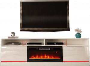 MEGSTYL SZAFKA RTV 200CM Z LISTWĄ LED I WKŁADEM KOMINKOWYM - DISPARO 5 biały mat - biały połysk 1