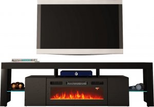 MEGSTYL SZAFKA RTV 200CM Z WKŁADEM KOMINKOWYM - SOLEO 1 Czarny mat - Czarny połysk 1