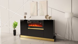 MEGSTYL KOMODA 170CM Z WKŁADEM KOMINKOWYM MERCADO 01 Czarny mat + Czarny połysk + kominek 4