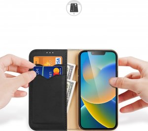 Dux Ducis Dux Ducis Hivo skórzane etui z klapką pokrowiec ze skóry naturalnej portfel na karty i dokumenty iPhone 14 Plus czarny 15