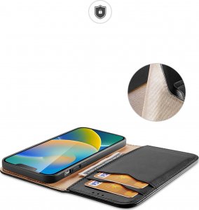 Dux Ducis Dux Ducis Hivo skórzane etui z klapką pokrowiec ze skóry naturalnej portfel na karty i dokumenty iPhone 14 Plus czarny 25