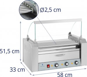 Royal Catering Podgrzewacz grill rolkowy do parówek hot-dogów z szufladą i osłoną - 7 rolek Podgrzewacz grill rolkowy do parówek hot-dogów z szufladą i osłoną - 7 rolek 7