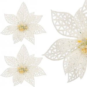 Springos Gwiazda betlejemska, sztuczny kwiat, poinsecja ażurowa, biała z brokatem na klipsie UNIWERSALNY 1