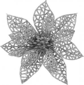 Springos Gwiazda betlejemska, sztuczny kwiat, poinsecja ażurowa, srebrna z brokatem na klipsie UNIWERSALNY 1