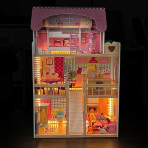 Upominkarnia Domek dla lalek drewniany Led XXXL 60x33x90 cm - 3 lalki , kotek i piesek 7