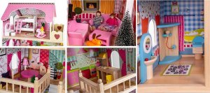 Upominkarnia Domek dla lalek drewniany Led XXXL 60x33x90 cm - 3 lalki , kotek i piesek 8