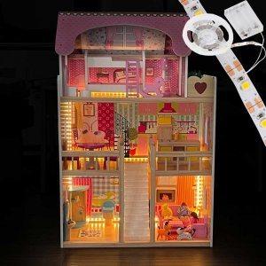 Upominkarnia Domek dla lalek drewniany Led XXXL 60x33x90 cm - 3 lalki , kotek i piesek 10