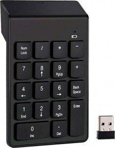 4kom.pl Klawiatura numeryczna Bezprzewodowa USB do laptopa tabletu PC Mini Wireless KeyPad czarna + Adapter USB-A do USB-C 1