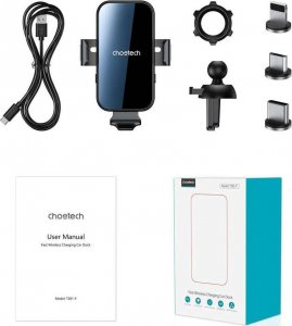 4kom.pl Uchwyt samochodowy Choetech Holder do auta na telefon z ładowarką indukcyjną QI na kratkę + magnetyczne końcówki Czarny 3