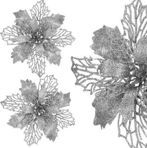 Springos Gwiazda betlejemska, sztuczny kwiat, poinsecja ażurowa srebrna z brokatem UNIWERSALNY 1