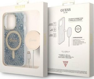 Ładowarka Guess Zestaw Guess etui + ładowarka bezprzewodowa GUBPP14LH4EACSB Apple iPhone 14 Pro niebieski/blue hard case 4G Print MagSafe 9
