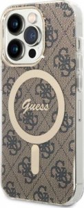Ładowarka Guess Zestaw Guess etui + ładowarka bezprzewodowa GUBPP14LH4EACSW Apple iPhone 14 Pro brązowy/brown hard case 4G Print MagSafe 2