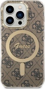 Ładowarka Guess Zestaw Guess etui + ładowarka bezprzewodowa GUBPP14LH4EACSW Apple iPhone 14 Pro brązowy/brown hard case 4G Print MagSafe 3