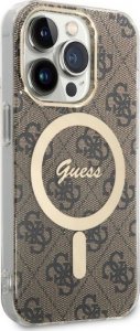 Ładowarka Guess Zestaw Guess etui + ładowarka bezprzewodowa GUBPP14LH4EACSW Apple iPhone 14 Pro brązowy/brown hard case 4G Print MagSafe 4