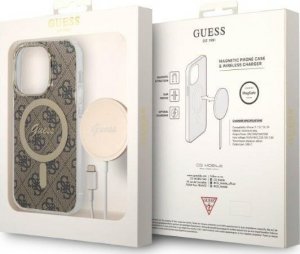 Ładowarka Guess Zestaw Guess etui + ładowarka bezprzewodowa GUBPP14LH4EACSW Apple iPhone 14 Pro brązowy/brown hard case 4G Print MagSafe 10