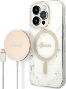 Ładowarka Guess Zestaw Guess etui + ładowarka bezprzewodowa GUBPP14LHMEACSH Apple iPhone 14 Pro biały/white hard case Marble MagSafe 1