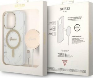 Ładowarka Guess Zestaw Guess etui + ładowarka bezprzewodowa GUBPP14LHMEACSH Apple iPhone 14 Pro biały/white hard case Marble MagSafe 10