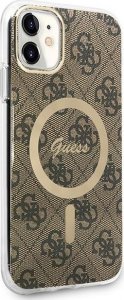 Ładowarka Guess Zestaw Guess etui + ładowarka bezprzewodowa GUBPN61H4EACSW Apple iPhone 11 brązowy/brown hard case 4G Print MagSafe 4